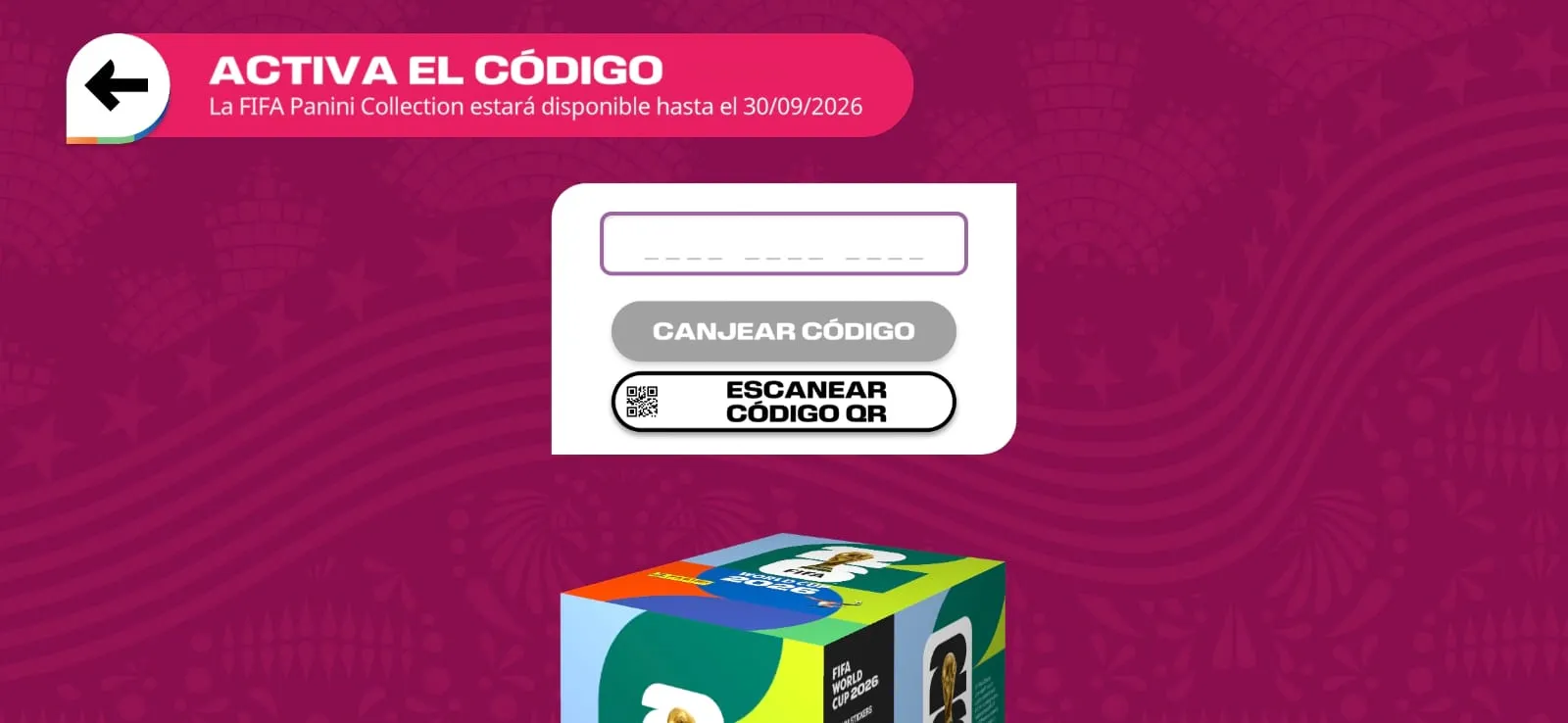 Pantalla de activación de códigos para Figuritas Mundial 2026